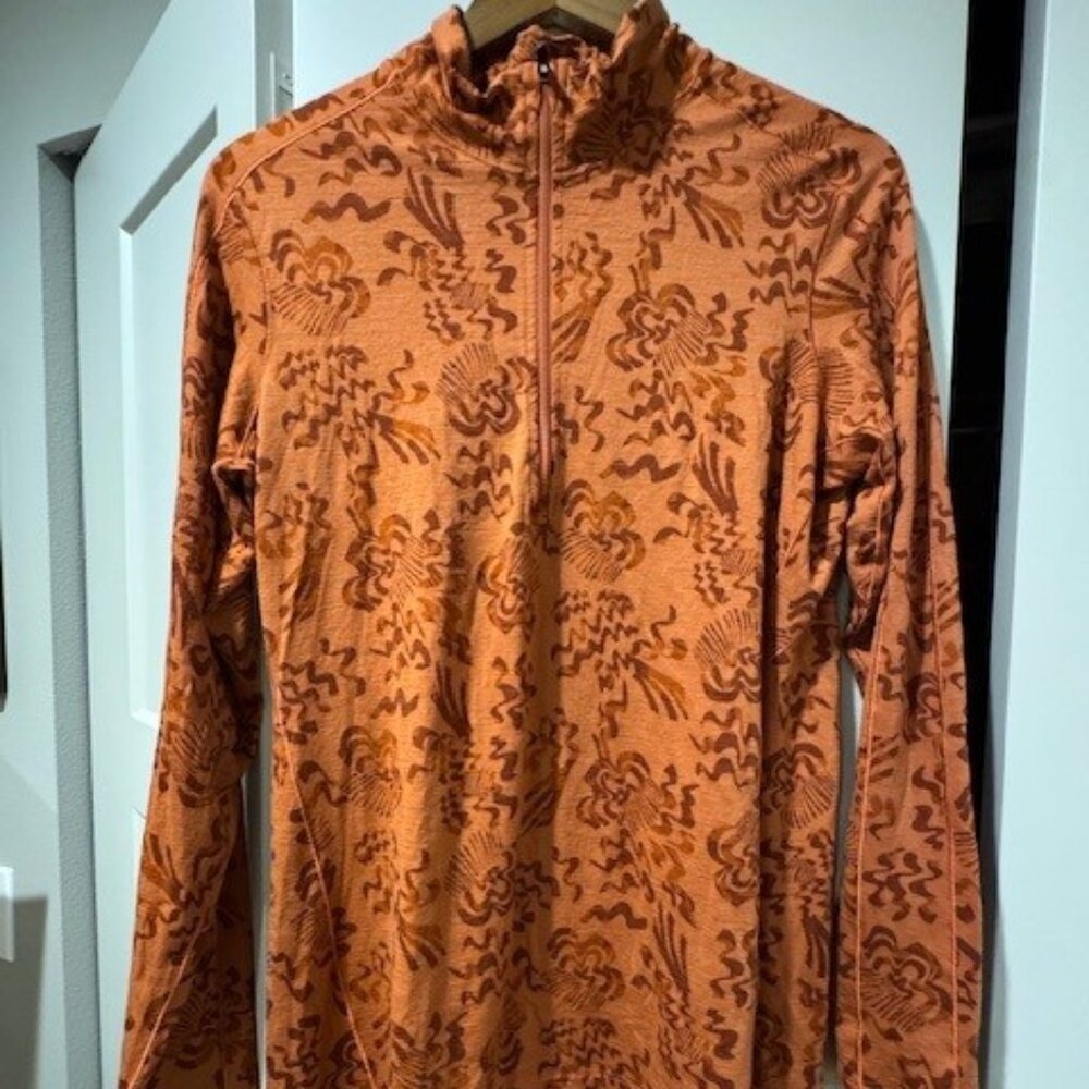 Women's REI midweight 100% Merino 1/2-zip Base Layer, XL, orange pattern
